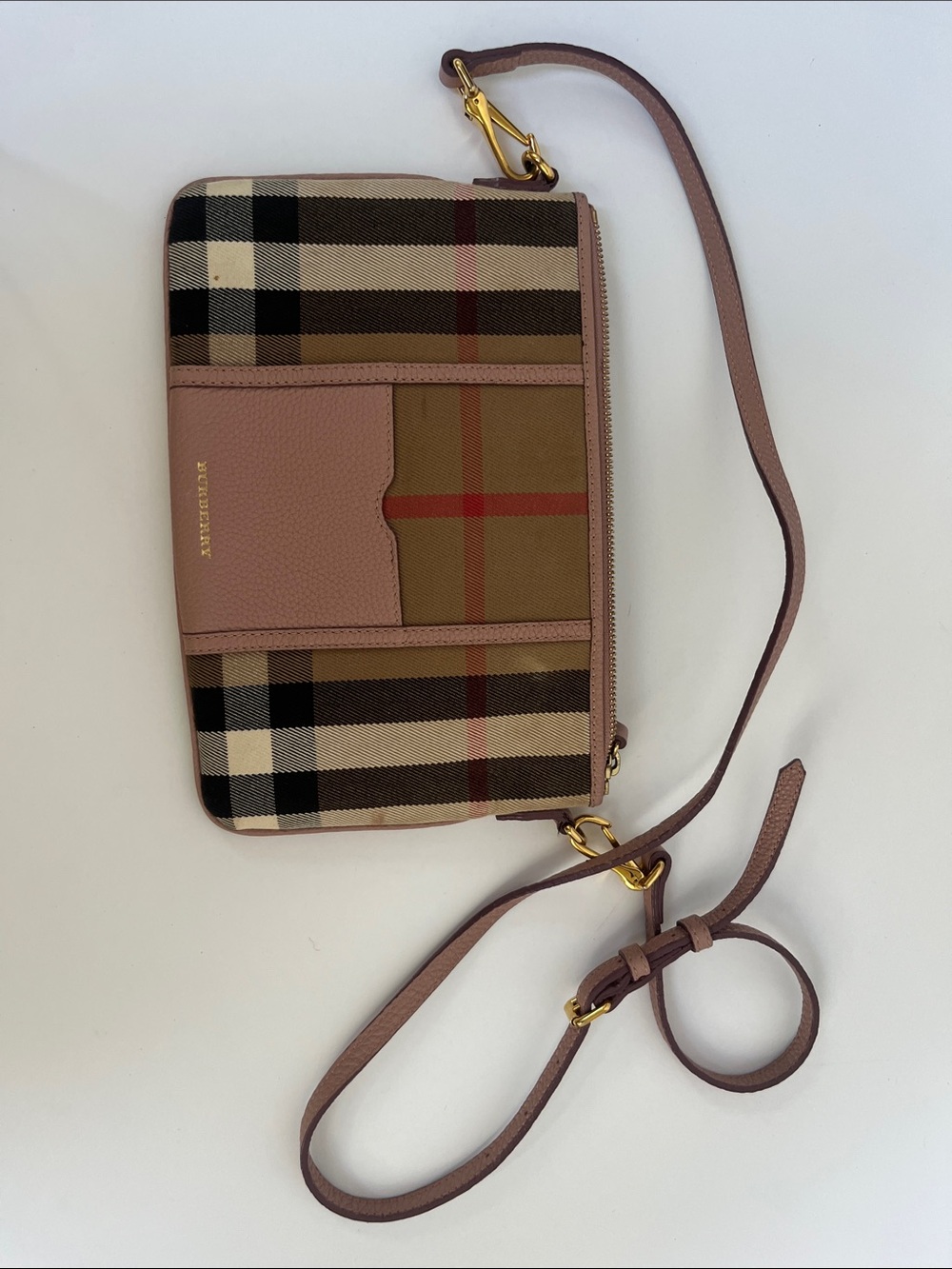 Burberry Pink Leather & Vintage Check Crossbody Wallet Bag
